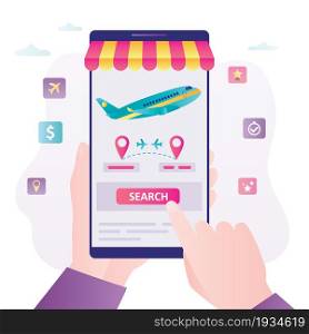 Searching for air tickets on smartphone screen. Hand holds phone with flight tickets online booking. Concept of buying ticket, travel and vacation abroad. Banner in trendy style. Vector illustration. Searching for air tickets on smartphone screen. Hand holds phone with flight tickets online booking