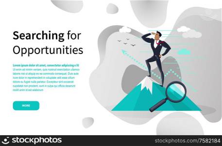 Searching for business opportunities online page vector. Businessman on top of mountain and growth graphic, magnifier, work strategies, goals and success. Business, Searching for Opportunities Online Page