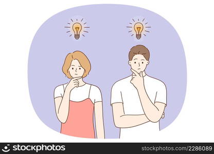 Searching for Creative ideas concept. Young serious woman and man standing and thinking with light bulbs flying above meaning creativity and business innovation vector illustration . Searching for Creative ideas concept