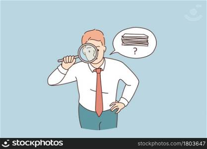 Searching for money or documents concept. Young attentive businessman cartoon character standing looking at magnifier trying to find money or official documents vector illustration . Searching for money or documents concept