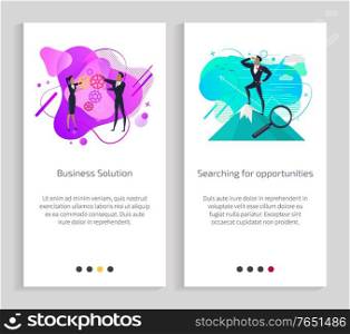 Searching for opportunities vector, businessman and woman interacting and working on project together, business solution, male on peak of mountain. Website or app slider, landing page flat style. Searching for Opportunities and Business Solution