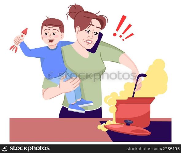 Searching for work life balance semi flat RGB color vector illustration. Stressful situation. Woman trying cope with child and house chores isolated cartoon characters on white background. Searching for work life balance semi flat RGB color vector illustration