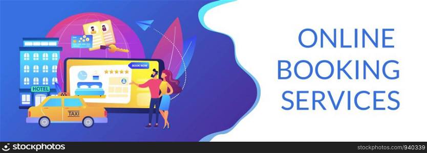Searching hostel, accommodation. Ordering taxi, cab. Online booking services, internet reservation system, accommodation search concept. Header or footer banner template with copy space.. Online booking services concept banner header
