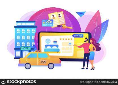 Searching hostel, accommodation. Ordering taxi, cab. Online booking services, internet reservation system, accommodation search concept. Bright vibrant violet vector isolated illustration. Online booking services concept vector illustration