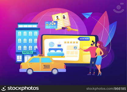 Searching hostel, accommodation. Ordering taxi, cab. Online booking services, internet reservation system, accommodation search concept. Bright vibrant violet vector isolated illustration. Online booking services concept vector illustration