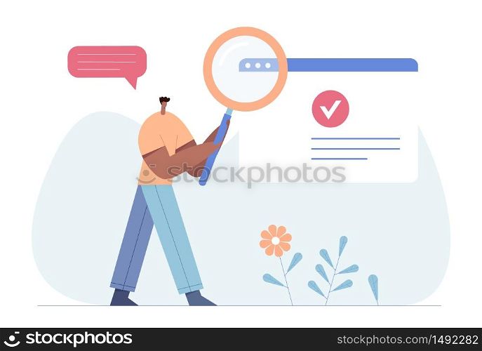 Searching, human resources, recruitment concept for web page, banner, presentation, social media, posters. HR, SEO, male character with magnifying glass. Flat vector illustration.