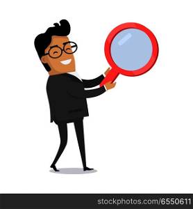 Searching information icon. Smiling man in business suit with big red magnifying glass flat vector illustration isolated on white background. For job, solution, data, people search illustrating. Searching Concept Flat Vector Illustration