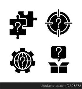 Searching of new problem solutions black glyph icons set on white space. Question marks usage. Looking for alternative answers. Silhouette symbols. Solid pictogram pack. Vector isolated illustration. Searching of new problem solutions black glyph icons set on white space