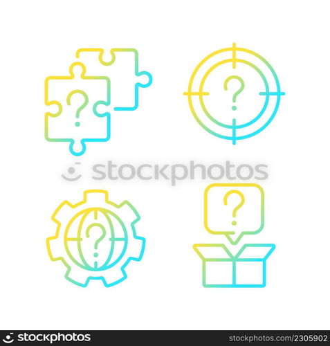 Searching of new problem solutions gradient linear vector icons set. Question marks usage. Alternative answers. Thin line contour symbol designs bundle. Isolated outline illustrations collection. Searching of new problem solutions gradient linear vector icons set