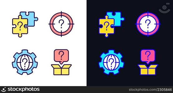 Searching of new problem solutions light and dark theme color icons set. Question marks. Alternative answers. Simple filled line drawings. Bright cliparts on white and black. Editable stroke. Searching of new problem solutions light and dark theme color icons set