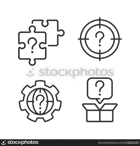 Searching of new problem solutions linear icons set. Question marks usage. Alternative answers. Customizable thin line symbols. Isolated vector outline illustrations. Editable stroke. Searching of new problem solutions linear icons set