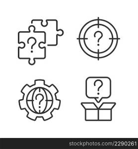 Searching of new problem solutions linear icons set. Question marks usage. Alternative answers. Customizable thin line symbols. Isolated vector outline illustrations. Editable stroke. Searching of new problem solutions linear icons set