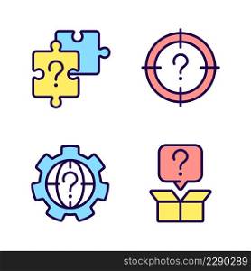 Searching of new problem solutions RGB color icons set. Question marks usage. Alternative answers. Isolated vector illustrations. Simple filled line drawings collection. Editable stroke. Searching of new problem solutions RGB color icons set
