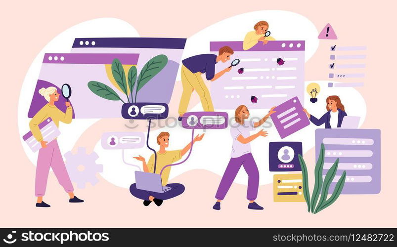 Searching process for errors in application. Testing computer programs. People fixing bugs in software. Mobile app development. Looking for antivirus mistakes with magnifiers. Garish vector concept. Searching process for errors in application. Testing programs. People fixing bugs in software. App development. Looking for antivirus mistakes with magnifiers. Garish vector concept