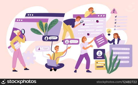 Searching process for errors in application. Testing computer programs. People fixing bugs in software. Mobile app development. Looking for antivirus mistakes with magnifiers. Garish vector concept. Searching process for errors in application. Testing programs. People fixing bugs in software. App development. Looking for antivirus mistakes with magnifiers. Garish vector concept