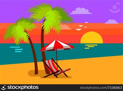 Seascape and palms at sunset, flying seagulls over sea, umbrella above hammock-chair, trees on hot sand, tropical background with empty seat coast. Seascape Palms at Sunset, Flying Seagulls Vector
