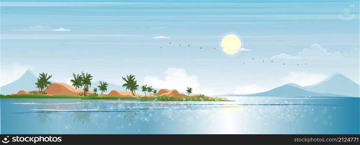 Seascape blue ocean, coconut palm tree on island in sunny day spring,Backdrop Sea beach landscape with sky and cloud in morning,Vector beautiful nature seaside for Summer time holiday background