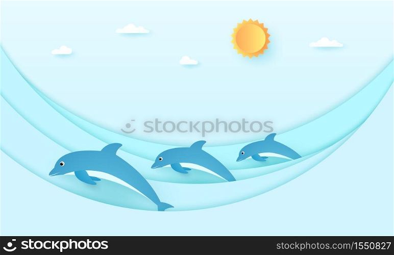 Seascape, dolphins with sea waves blue sky with sun and cloud, paper art style
