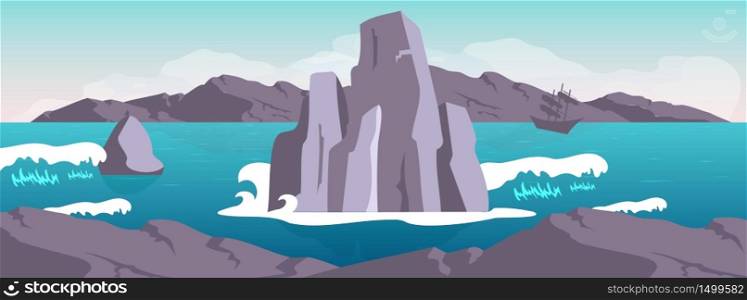 Seascape flat color vector illustration. Boat sailing in sea. Ocean cliffs. Mountain on horizon. 2D cartoon marine panoramic landscape with ship, rocks and waves on background. Seascape flat color vector illustration