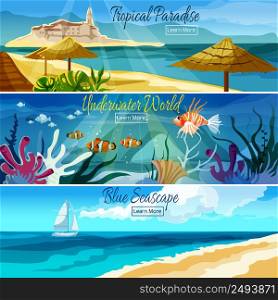Seascape horizontal banner set with underwater world elements isolated vector illustration. Seascape Banner Set