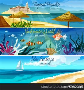 Seascape horizontal banner set with underwater world elements isolated vector illustration. Seascape Banner Set