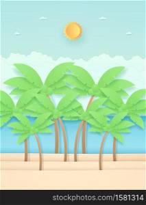 Seascape, landscape, coconut trees on the beach with sea, bright sun in the sky, paper art style