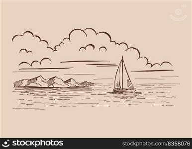 Seascape. Landscape, sea, sailboat, rocks. Hand drawn vector illustration.
