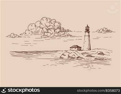 Seascape. Lighthouse. Hand drawn illustration converted to vector.