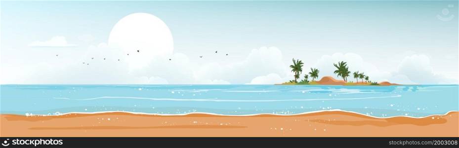 Seascape of blue ocean and coconut palm tree on island,Horizontal Sea beach, sand with blue sky and fluffy cloud,Vector illustration beautiful nature of landscape seaside for Summer holiday background