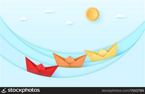 Seascape, Sea with origami boat and with bright sun and sky, ocean waves, paper art style