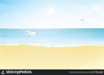 Seascape vector illustration. Paradise beach with sea and seagull. Seascape vector illustration. Paradise beach.
