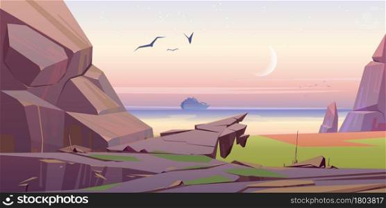 Seascape view with cruise liner on morning sea, scenery landscape, picturesque nature background with ship float on calm water at early time with birds flying in pink sky, Cartoon vector illustration. Seascape view with cruise liner on morning sea