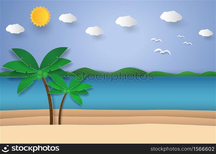 Seascape with coconut tree on beach and island , paper art style