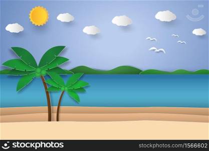Seascape with coconut tree on beach and island , paper art style