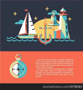 Seascape with sailing ship in a flat style on a black background. Vector illustration.