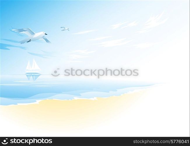 Seascape with wavy sea surface,cloudy sky, flying seagull