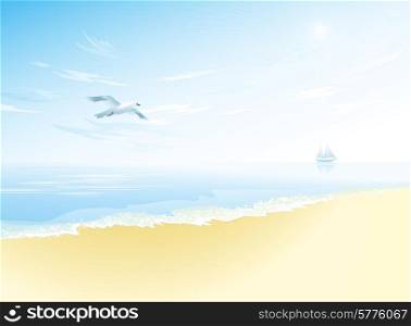 Seascape with wavy sea surface,cloudy sky, flying seagull