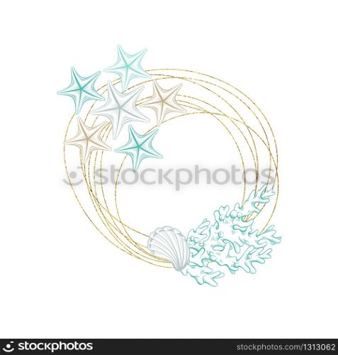 Seashell and marine algae package label, vector modern premium golden frame design. Ocean seashell and sea minerals product, corals and starfish in gold foil circle wreath