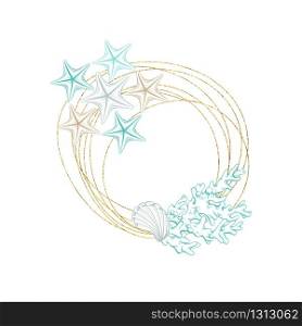 Seashell and marine algae package label, vector modern premium golden frame design. Ocean seashell and sea minerals product, corals and starfish in gold foil circle wreath