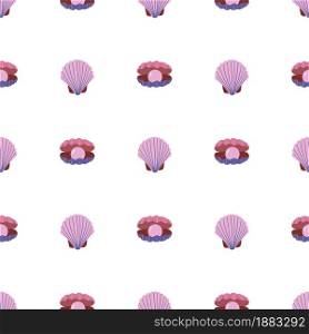 Seashell pink color with pearl seamless pattern. Undersea world habitants print. Hand drawn underwater life vector illustration. Funny cartoon marine animals character for kid fabric, textile.. Seashell pink color with pearl seamless pattern. Undersea world habitants print.