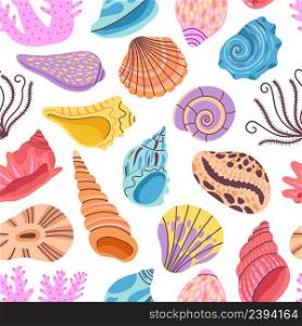 Seashell seamless pattern. Clams background, seashells print. Sea and ocean shells, summer wallpaper with coral. Marine decent vector design. Illustration of ocean seashell pattern. Seashell seamless pattern. Clams background, seashells print. Sea and ocean shells, summer wallpaper with coral. Marine decent vector design
