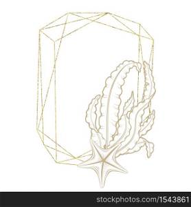 Seashell seaweed sketch in gold geometric line frame, vector wreath design. Ocean seashell and coral engraving in golden border with foil texture, marine underwater design in hand drawn hatching. Marine wreath, seashell, sea corals gold line art
