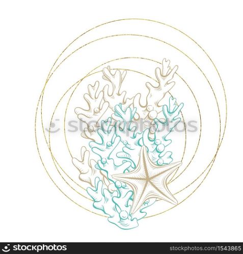 Seashell sketch in gold geometric crystal circle frame, vector arrangement design. Ocean seashell and coral engraving in golden border with foil texture, marine underwater design in hand drawn hatching. Marine wreath, seashell, sea corals gold line art