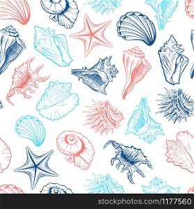 Seashells and starfish vector seamless pattern. Marine life creatures colorful drawings. Sea urchin freehand outline. Underwater animals engraving. Wallpaper, wrapping paper, textile design. Seashells collection vector seamless pattern