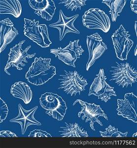 Seashells and starfish vector seamless pattern. Marine life creatures colorful drawings. Sea urchin freehand outline. Underwater animals engraving. Wallpaper, wrapping paper, textile design. Seashells collection vector seamless pattern