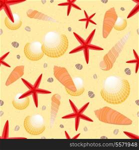 Seashells and stars on the golden sand summer beach seamless pattern vector illustration
