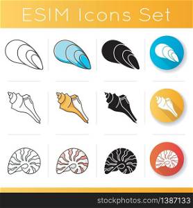 Seashells icons set. Linear, black and RGB color styles. Different mollusk shells, conchology. Decorative ocean souvenirs. Various sea shells collection vector isolated illustrations. Seashells icons set