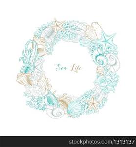 Seashells isolated vector round wreath. Marine algae and corals golden art line design for cosmetics package, wedding cards. Ocean sea shell, minerals label template. Gold foil circle wreath. Seashells isolated vector round wreath