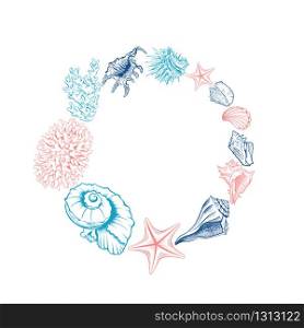 Seashells isolated vector round wreath. Marine algae and corals line art design for cosmetics package, wedding cards. Ocean sea shell, minerals label template. Circle wreath. Seashells isolated vector round wreath. Marine algae and corals line art design for cosmetics package, wedding cards.