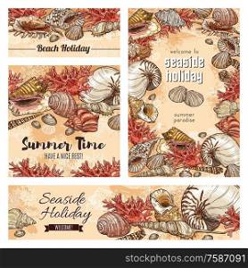 Seashells of sea mollusk with corals vector frame of sketched shells of marine clam, snail, chiton and tusk, scallop, nautilus and cockleshell. Tropical beach holiday and summer paradise banners. Seashells and corals. Mollusk, clam, snail shells